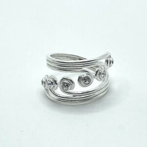 Vtg Sterling Silver Wave Design Bypass Ring 6 CZ Stones Sz 4.25 Adjustable